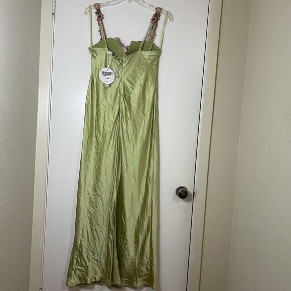 New! Selfie Leslie Rose Garden Floral Applique Midi satin Dress Lime green Med - Picture 10 of 12